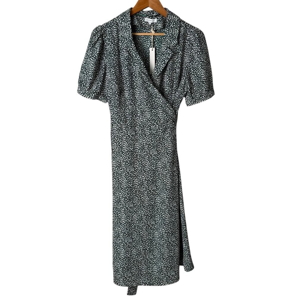 NWT‎ Crescent Collared Wrap Midi Dress Short Puff Sleeves in Green White, Medium